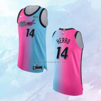 NO 14 Tyler Herro Camiseta Miami Heat Ciudad Autentico Azul Rosa 2020-21